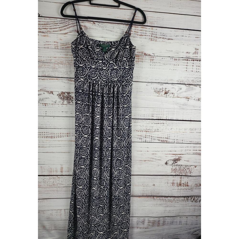 Lauren Ralph Lauren‎ Maxi Dress 8 Womens Blue White V Neck Pullover Sleeveless